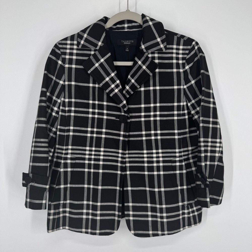 Talbots Women's Blazer Size 8 Window Pane Check Black White 3/4 Sleeve Career